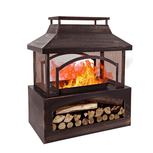 37 Inch Outdoor Wood Burning Fireplace with Wood Storage and Fire Poker, Large Metal Fire Pit for Patio Garden Deck Backyard, Rectangular Outdoor Fireplace