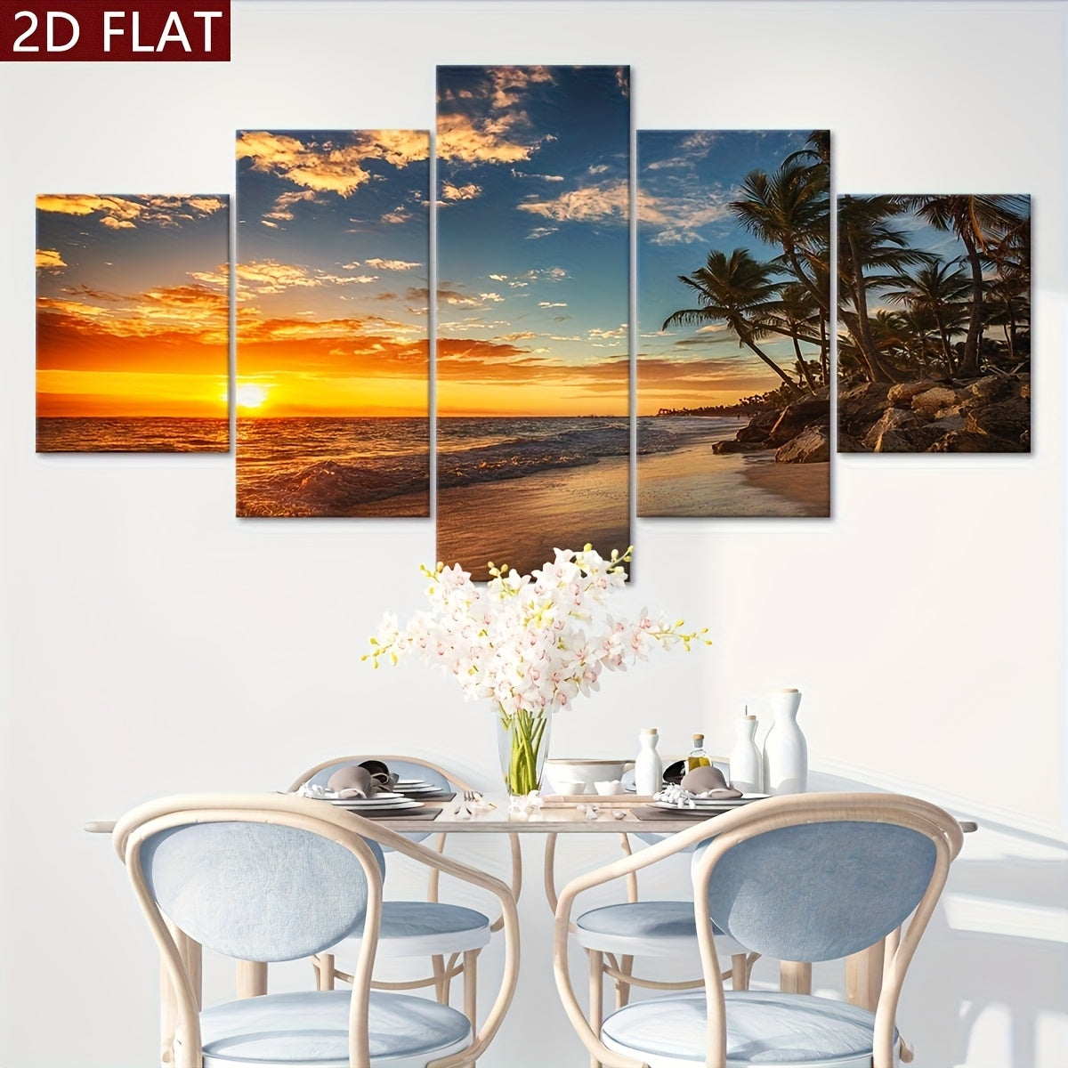 2D Flat, [2D FLAT] 5pcs Frame Sunset Sea View Beach Coconut Trees Canvas Poster, Five Panel Scene Art, Modular Picture, Modern Art, Ideal Decor for Bedroom Living Room Kitchen Dorm, Wall Decoration, Gift for Family Friends, M