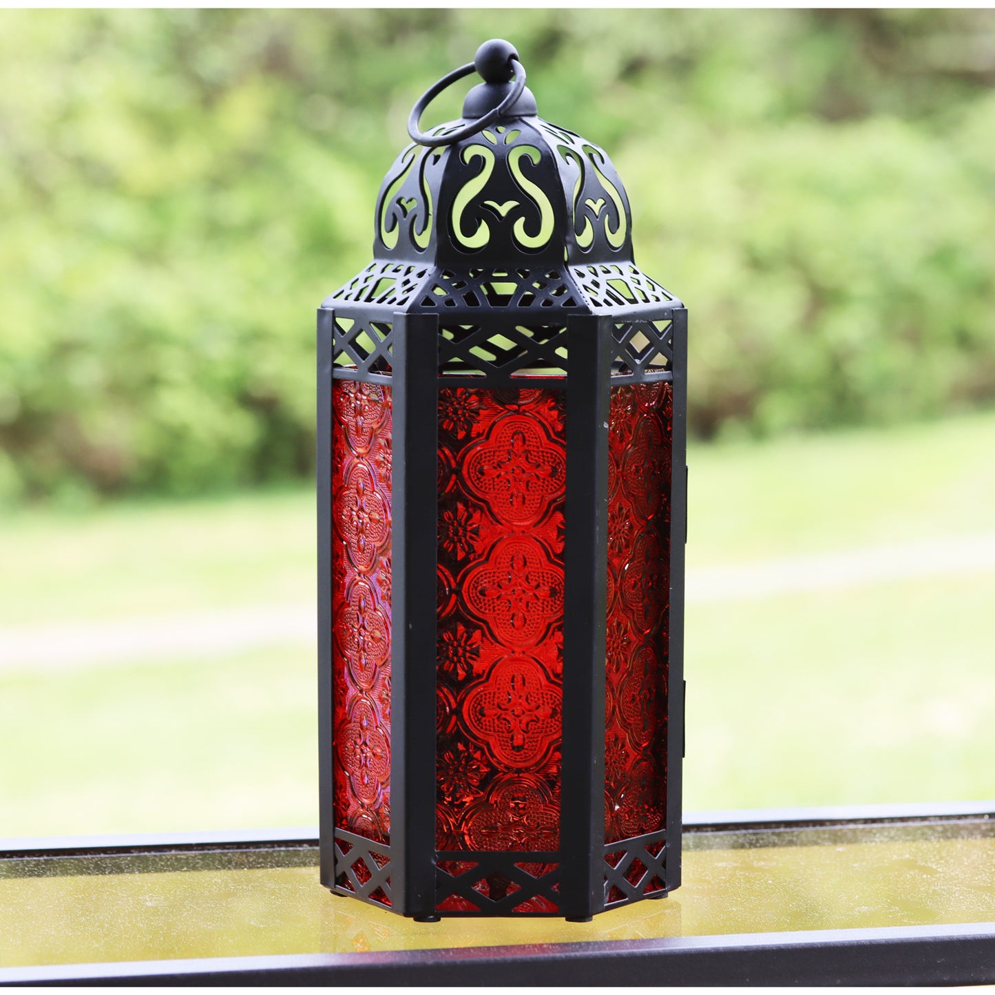 Stunning Ambient Lighting Safe and Stylish Glass Metal Moroccan Candle Lantern Holder Lamp with Battery-Operated LED Lights plus Remote Control – Handcrafted Lantern with Intricate Design and Embossed Glass, Indoor Home Dec