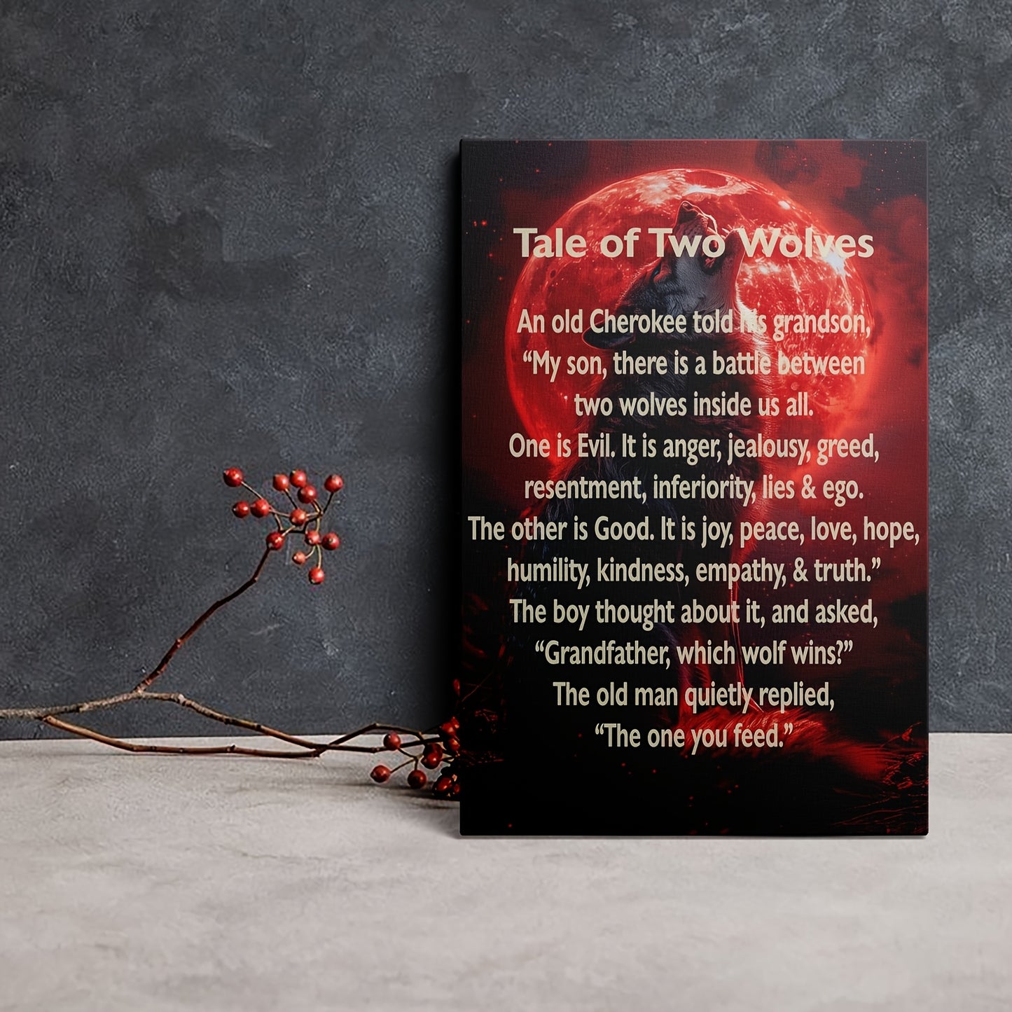 [Inspirational Wolf Canvas Art] 1pc Inspirational Wolf Howling at Moon Canvas Wall Art - Framed Tale of Two Wolves Quote, Red & Black Contrast Design, High-Quality Print with Hook for Home, Office, Bedroom, Yoga Studio Decor,