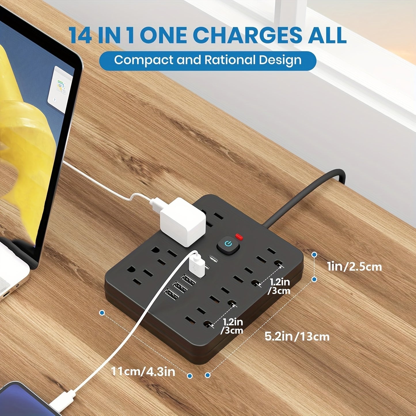 [Black Outlet Surge Protector] 14-in-1 Black Outlet with 8 Receptacles, 4 USB Ports, 2 USB-C Ports, 5/10ft Extension Cord, Flat Plug, Wall Mount, Overload Protection, Power Outlet Surge Protector - Ideal for Home and Office D