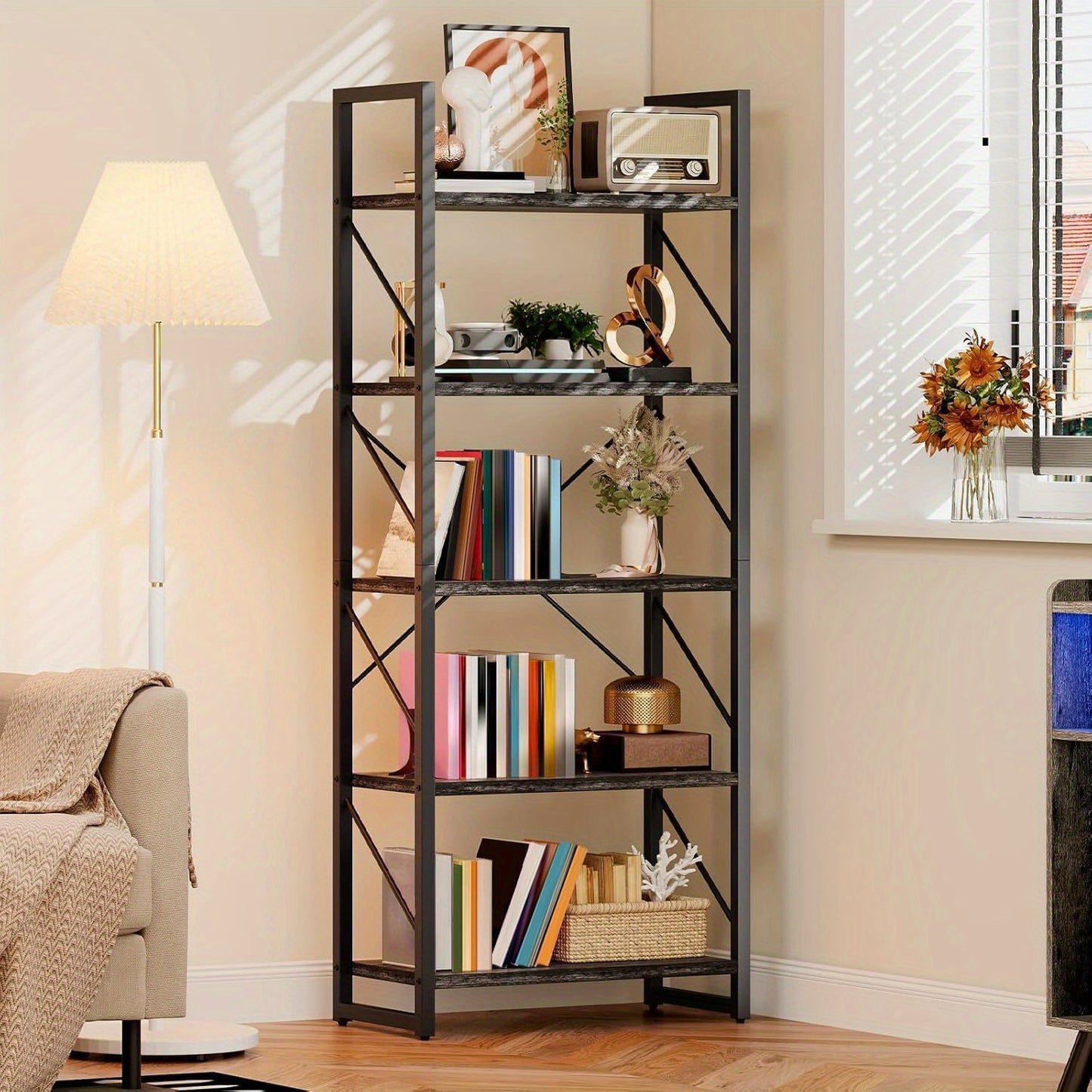 5-Tier Industrial Bookshelf - Heavy-Duty Metal Open Shelving Unit, Space-Saving Vertical Storage Organizer for Living Room, Home Office, Music Studio - Sturdy Bookcase for Books, Decor, Sheet Music - Modern Industrial Decor i