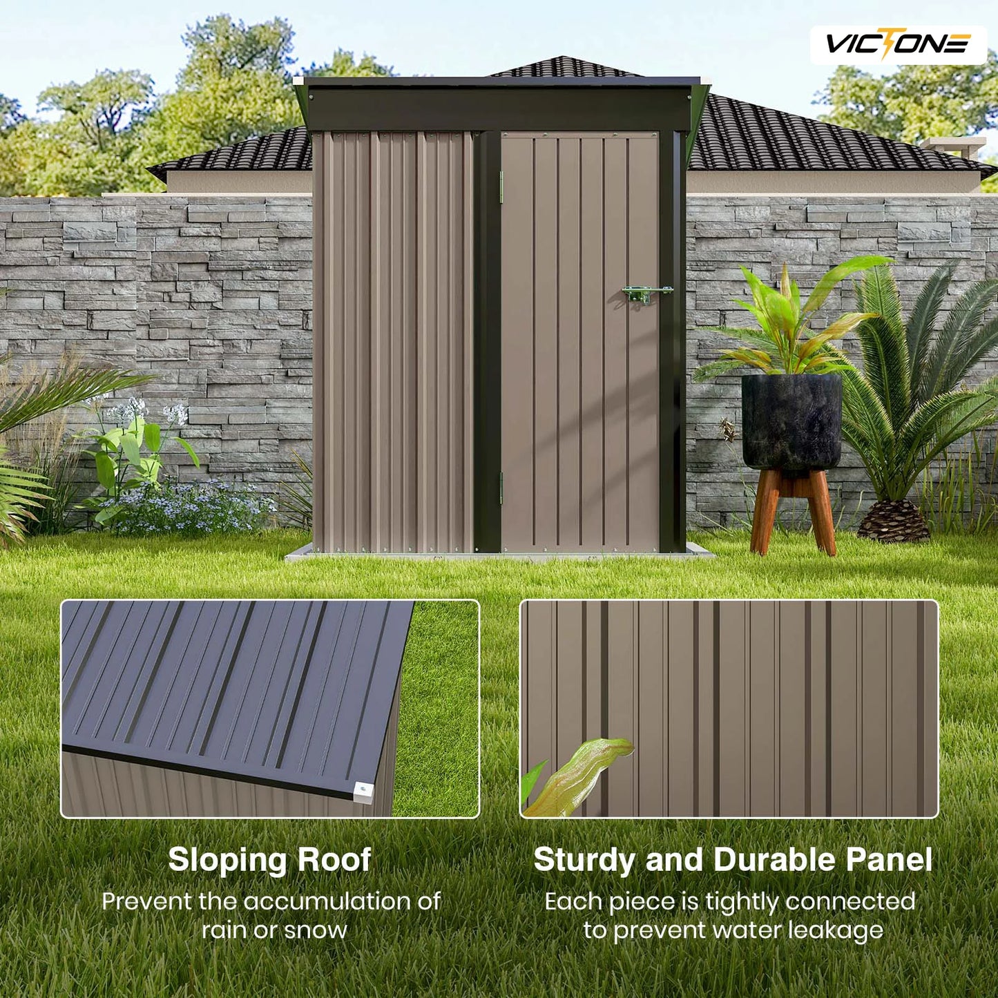 Victone 5x3 FT Outdoor Storage Shed, Tool Shed with Sloping Roof and Lockable Door, Metal Shed for Backyard Garden Patio Lawn
