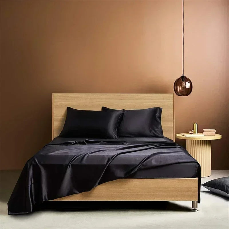 High End Satin Fabric Queen Size Bed Sheet Set Luxury Grade A Bed Linen Set Solid Silky King Size Bed Cover Set Bedsheet Sets