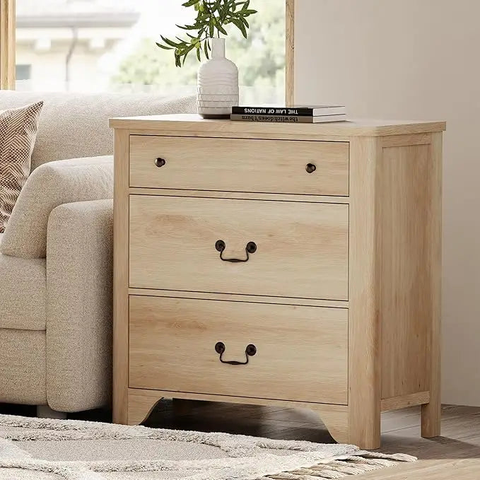 3 Drawer Dresser, 31.5 Inch Wood Nightstand with Storage, Modern Oak Dresser Wood Chest of Drawers with Curved Profile