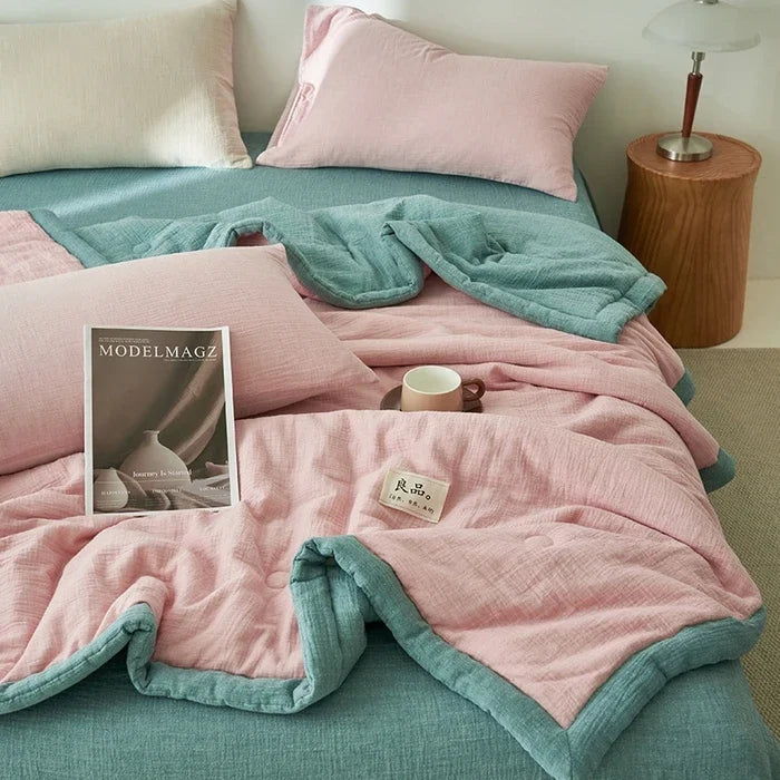 Class A fiber double-layer yarn soybean fiber summer quilt 4-piece set wrinkled yarn air conditioner quilt thin washable quilt