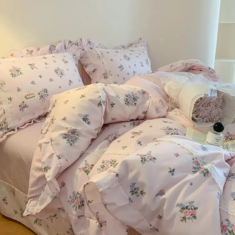 100% Cotton Spring Garden Flowers Botanical Chic Ruffles Soft Comfortable Double Queen (1Duvet Cover+1Bed Sheet+2Pillowcases)