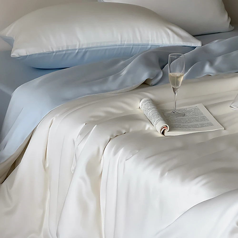Lofuka Nature 100% Pure Silk Bedding Set Beauty Double Queen King White Blue Quilt Cover Flat Sheet Pillowcase For Healthy Sleep