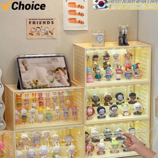 3PCS Actione Figures Display Box with Sensor Light Stackable Organizer for Collectibles Mini Figurines Durable Display Cabinet