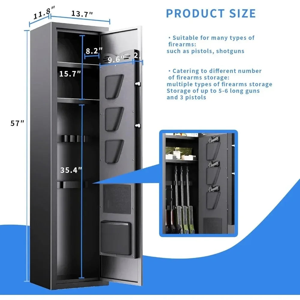 Black Steel Gun Safe with Quick Access Biometric & Key Lock Alarm Adjustable Shelves Gun Racks for 5 Rifles And 3 Pistols