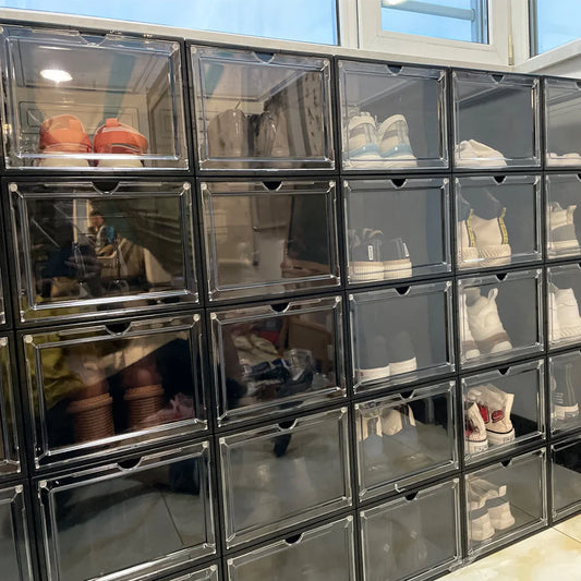 Magnetic hard plastic transparent drawer shoe box suitable for shoe storage box, space saving shoe rack shoe cabinet