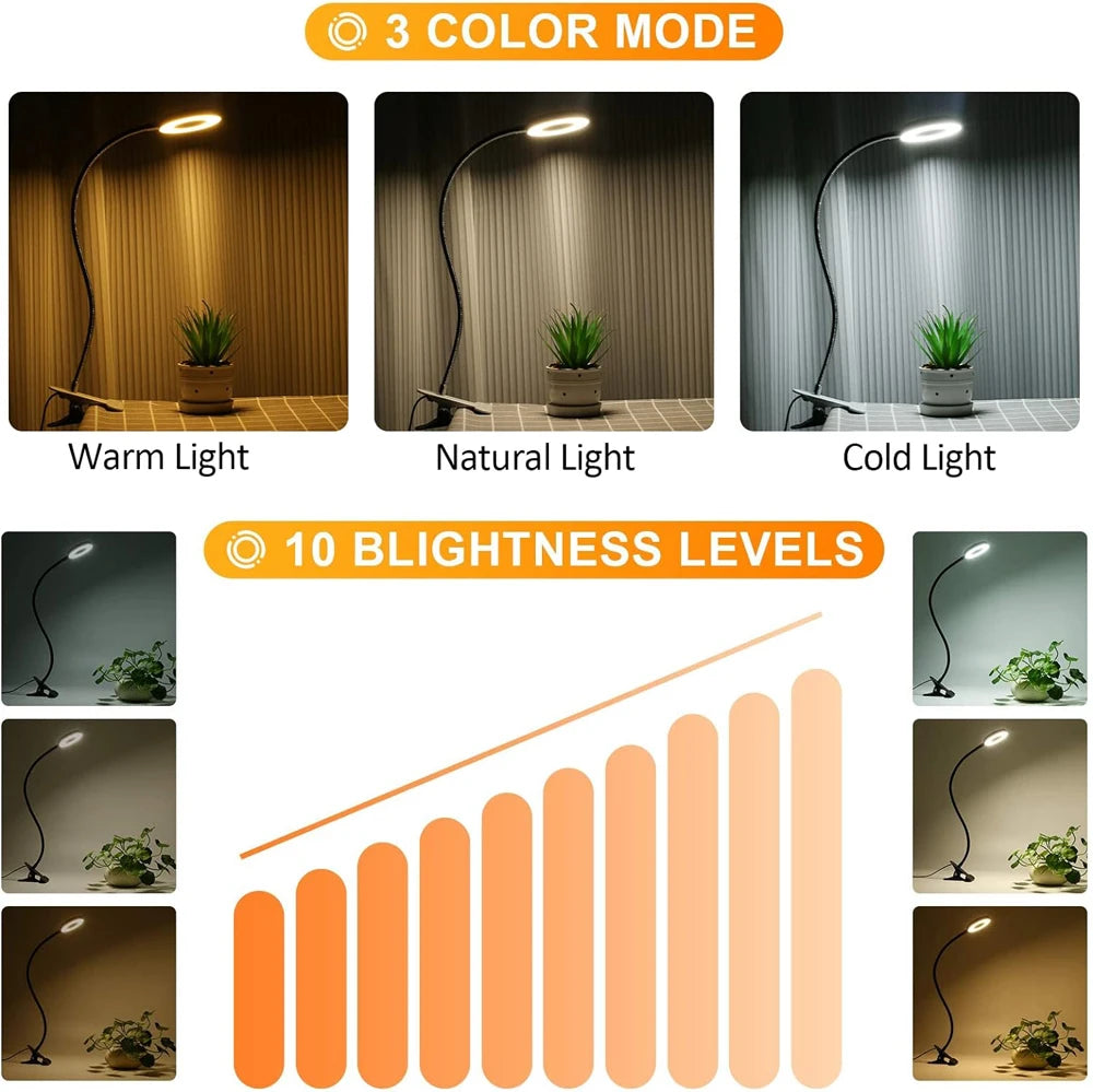 LED Reading Lights 360°Flexible Gooseneck Dimmable Table Lamp Clip On Indoor Bedroom Eye Protection Desk Light Book Clamp Lamp