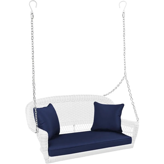 Wicker Porch Swing in White with Blue Cushion