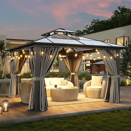 10'x12' Hardtop Gazebo, Aluminum Frame Permanent Pavilion with Curtains and Netting, Outdoor Polycarbonate Double Roof Canopy,
