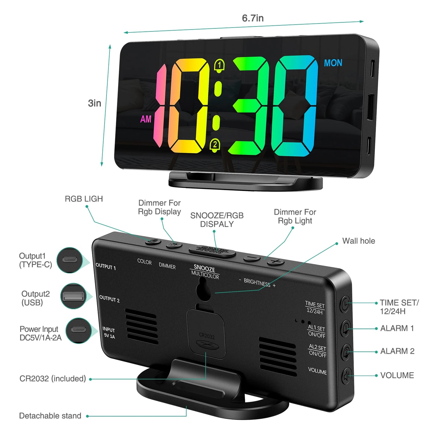ORIA Digital Alarm Clock RGB LED Digital Clocks Colorful Clocks With Atmosphere Night Light for Home Office Best Gifts