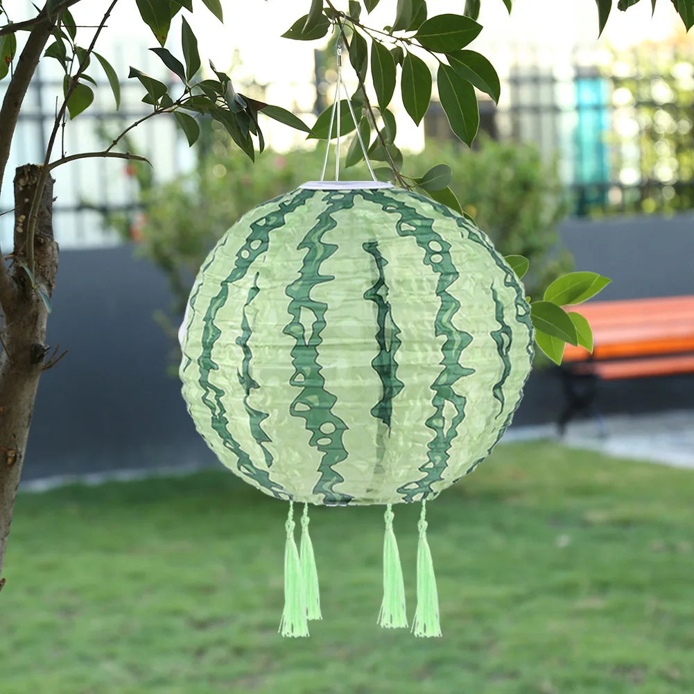 Chinese Round Hanging Lamp, Solar Printed Lantern, Waterproof Nylon LED Light, Outdoor Garden Party Decoration, 12"