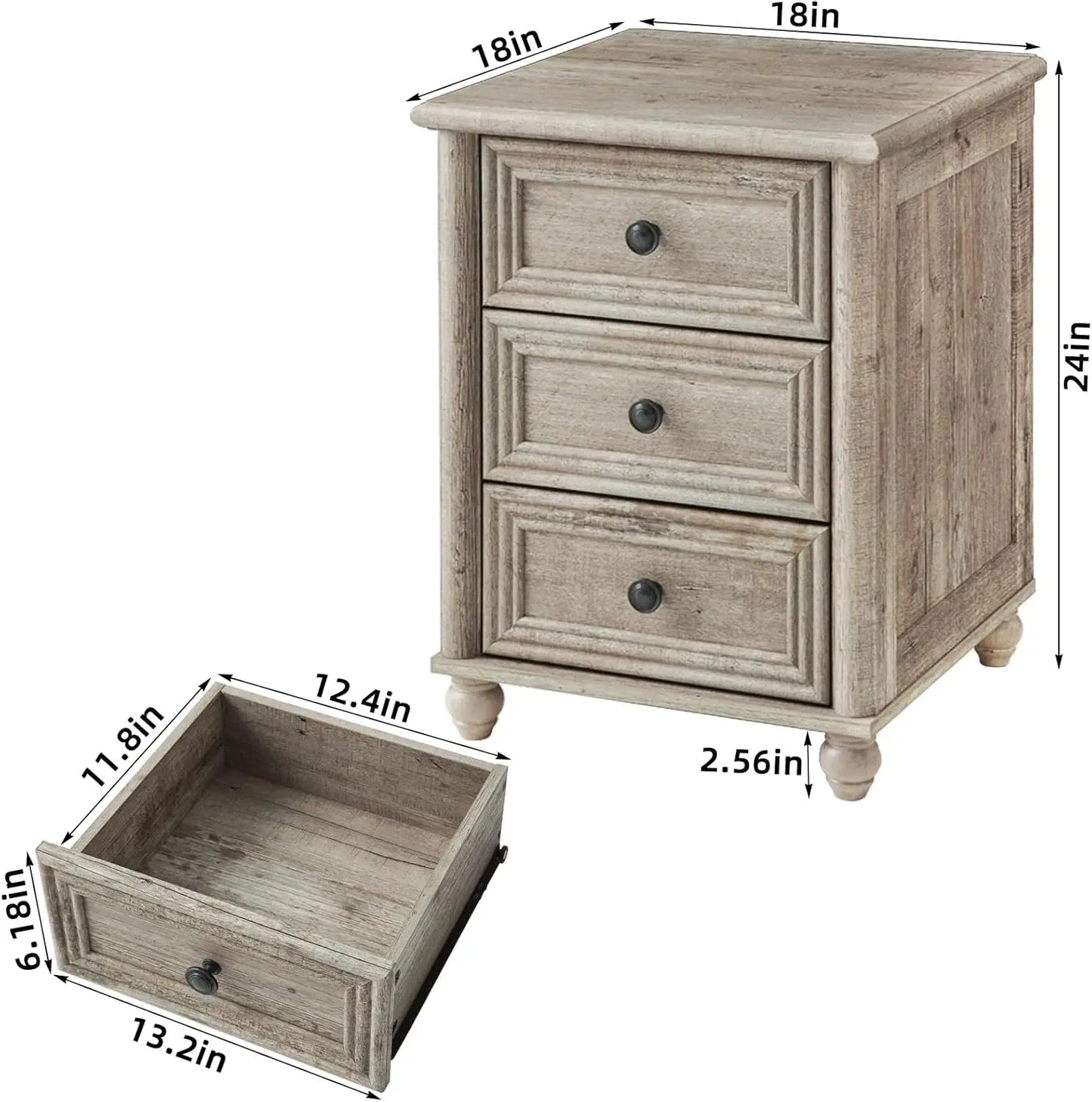 18" Farmhouse Night Stand Set of 2, Gray Wood Nightstand with 3 Drawers, Bedside End Table with Storage and Roman Column