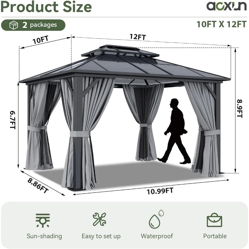 10'x12' Hardtop Gazebo, Aluminum Frame Permanent Pavilion with Curtains and Netting, Outdoor Polycarbonate Double Roof Canopy,