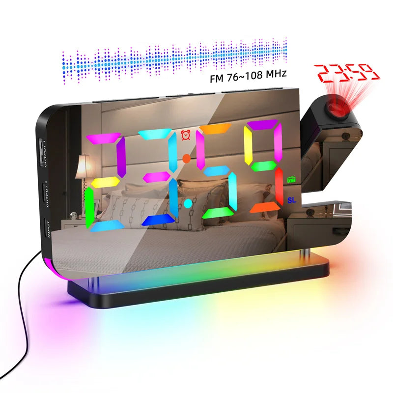 FM Radio 180° Projection Alarm Clock RGB With RGB Night Light 6 Levels Brightness Dual USB Output Port 12H/24H Digital LED Clock