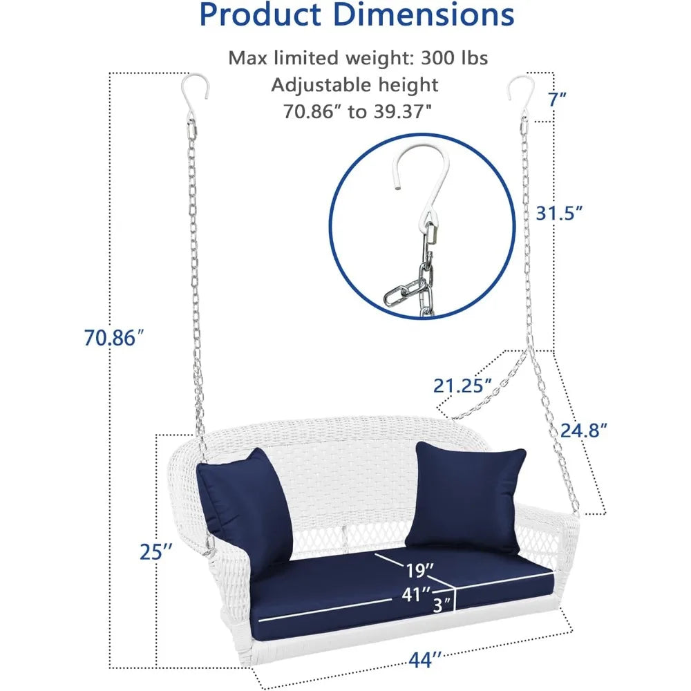 Wicker Porch Swing in White with Blue Cushion