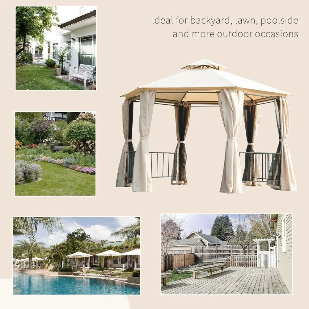 13' x 13' Patio Gazebo, Double Roof Hexagon Outdoor Gazebo Canopy Shelter with Netting & Curtains, Solid Steel Frame for Garden