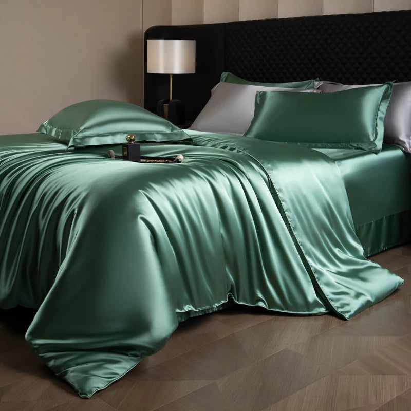 Silk Bed Sheets Set Luxury Bedding Set with Duvet Cover Fitted/Flat Bedheet Pillowcases Mixed with Rayon King Queen Full Twin