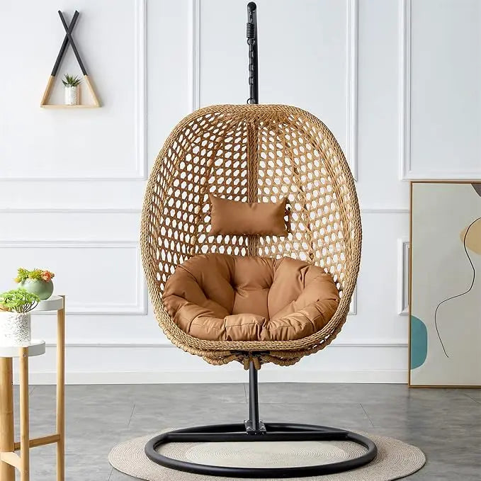 Standing vine hanging egg swing chair, foldable basket indoor or outdoor, cushion and pillow relaxation swing chair