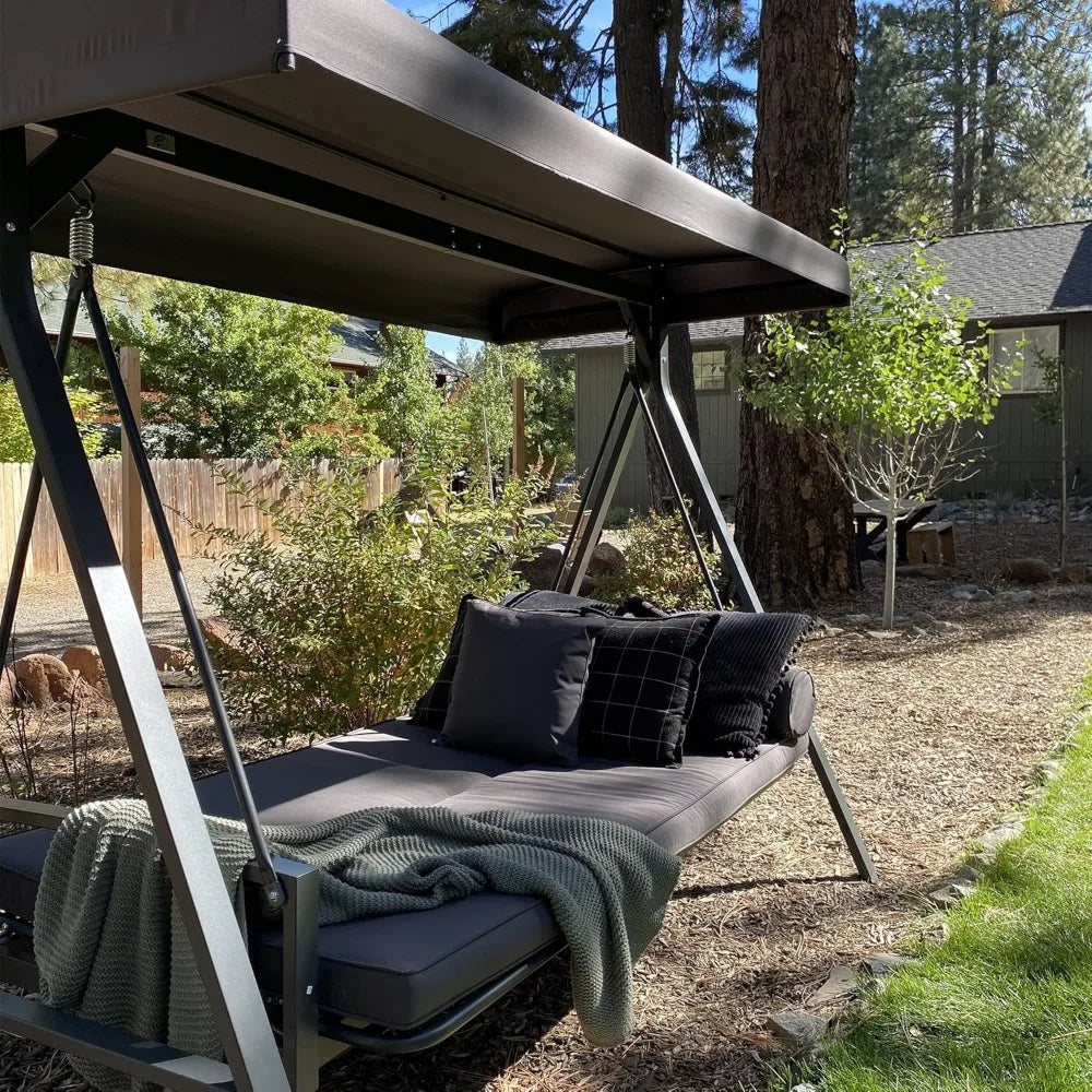 Outdoor Patio Porch Swing Adjustable Backrest, 3-seat Swing Chair with Weather Resistant Steel Frame for Backyard Front Porch L
