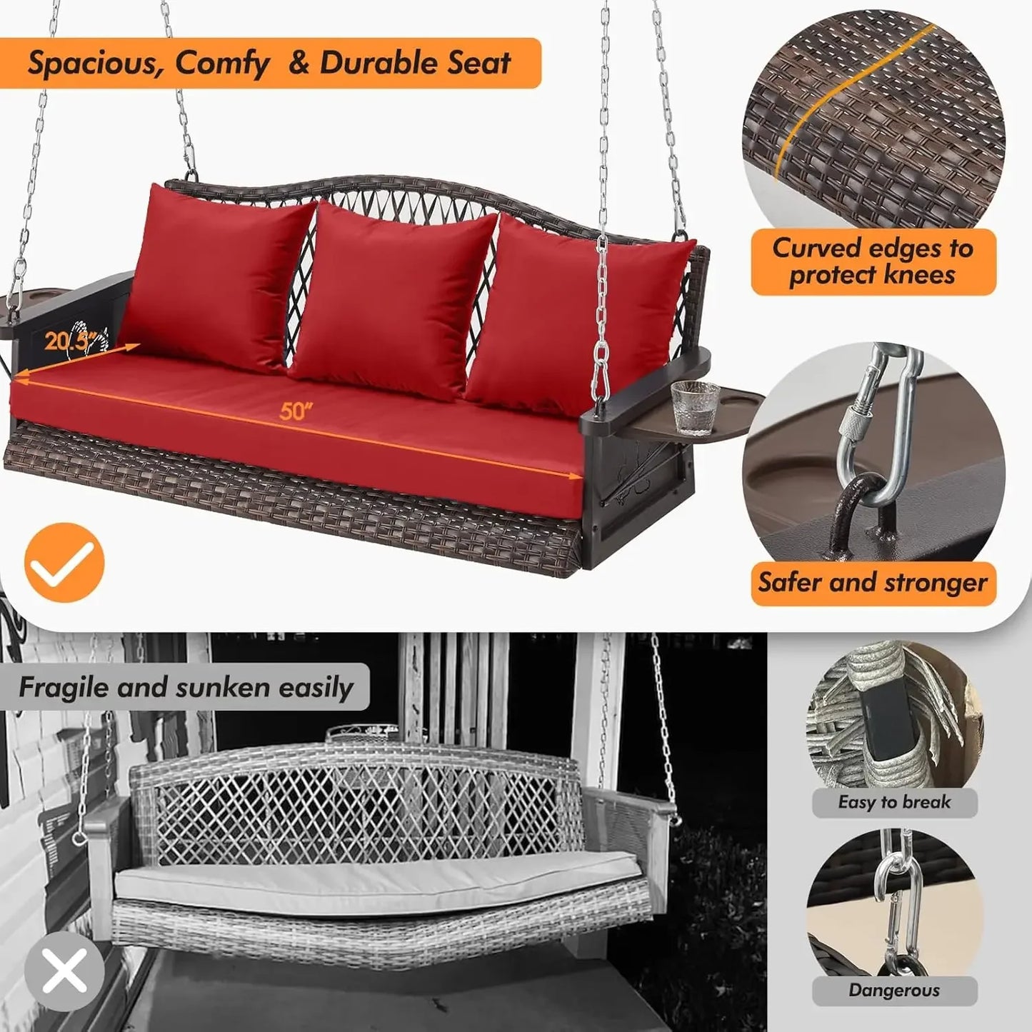Upgraded Wicker Hanging Porch Swing Heavy Duty 900 LBS 3-Seat Outdoor Patio Swing Chair Bench for Adult w/ 8.9ft Hanging