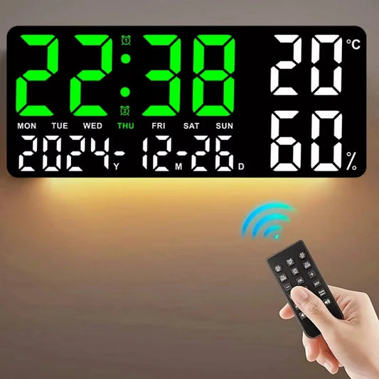 Large digital LED mood light wall clock with remote control temperature and humidity display alarm multi-functional alarm clock