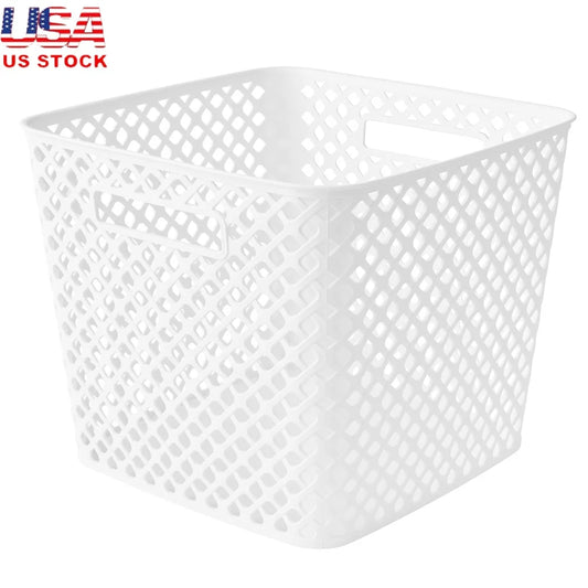 Decorative Storage Basket 13 Inch Square Plastic Mesh Design with Cut-Out Handles Easy Transport Ideal Organizing Toys Tools