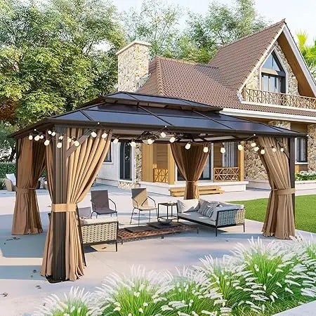 10'x12' Hardtop Gazebo, Aluminum Frame Permanent Pavilion with Curtains and Netting, Outdoor Polycarbonate Double Roof Canopy,
