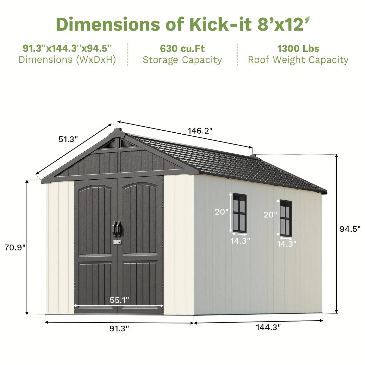 8x12 FT Outdoor Storage Shed, Plastic Shed Resin Garden Shed with Floor Window Lockable Door for Patio Furniture, Backyard Tools
