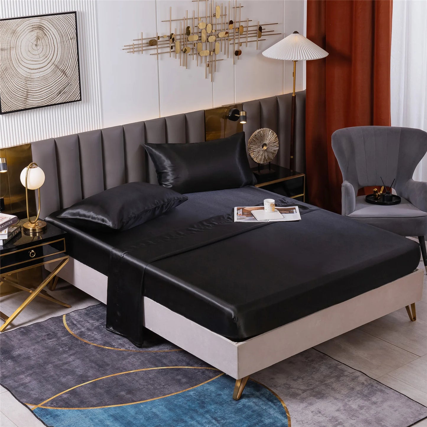 Home Living Luxury Smooth 3pcs Bedding Sets Solid Satin Pillow Case Flat Seet Fitted Sheet King Size Bedding Sets For Bedroom