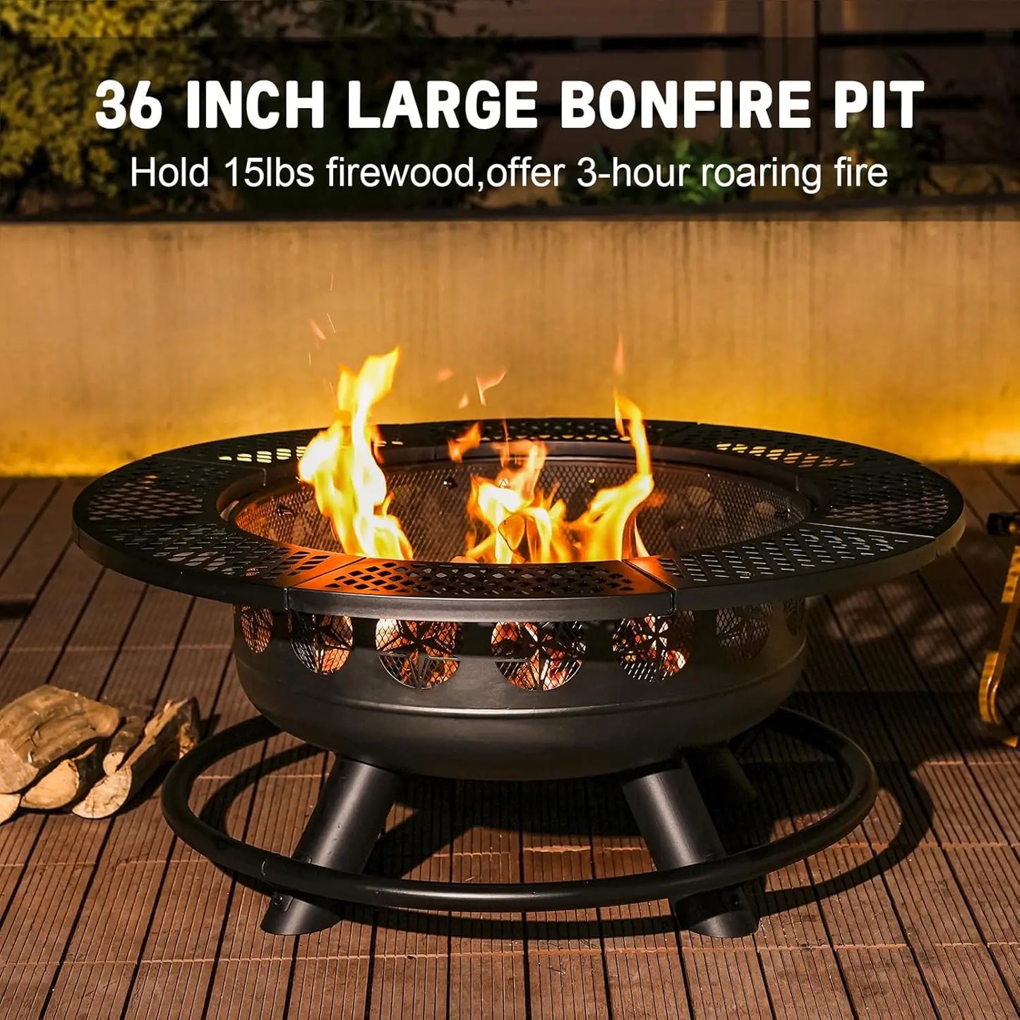 36 Inch Fire Pit with 2 Cooking Grills,Outdoor Wood Burning BBQ Firepit with Lid, 3-in-1 Outdoor Fire Pit