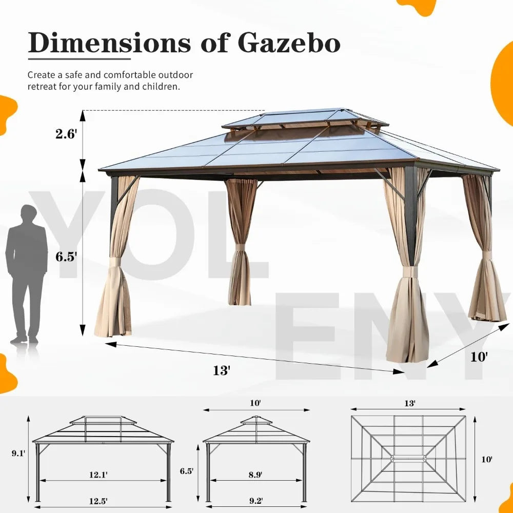 10'x13' Hardtop Gazebo, Outdoor Polycarbonate Double Roof Canopy, Aluminum Frame Permanent Pavilion with Curtains and Netting,