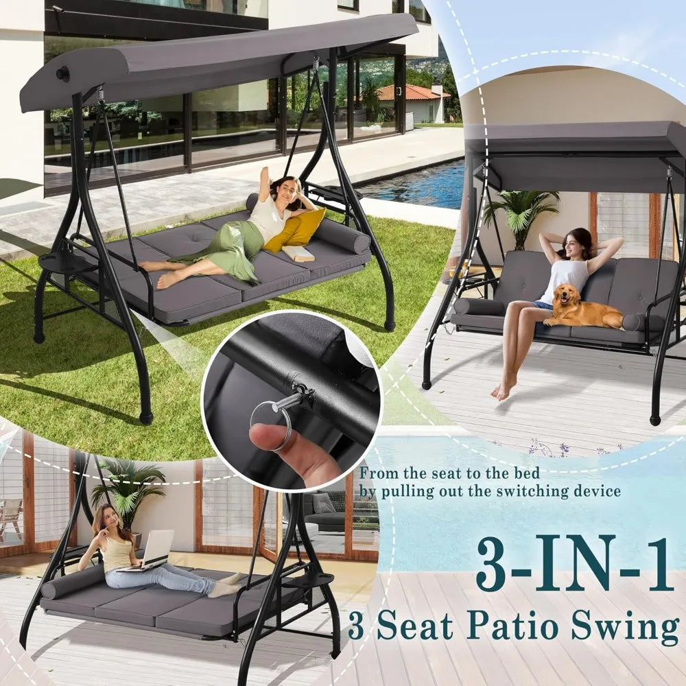 3-Seat Outdoor Patio Swings with Canopy Adjustable Porch Swing with Stand, Upgrade Pillows Cushions and Foldable Side Tray for