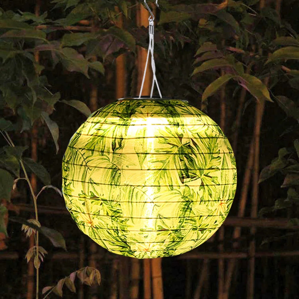 Chinese Round Hanging Lamp, Solar Printed Lantern, Waterproof Nylon LED Light, Outdoor Garden Party Decoration, 12"