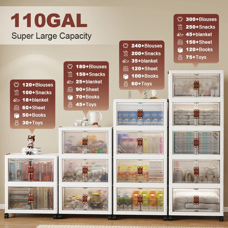 Multi-layer Foldable Double Door Plastic Storage Cabinet with Wheels - Large Capacity Organizer for Bedroom Living Room Kitchen
