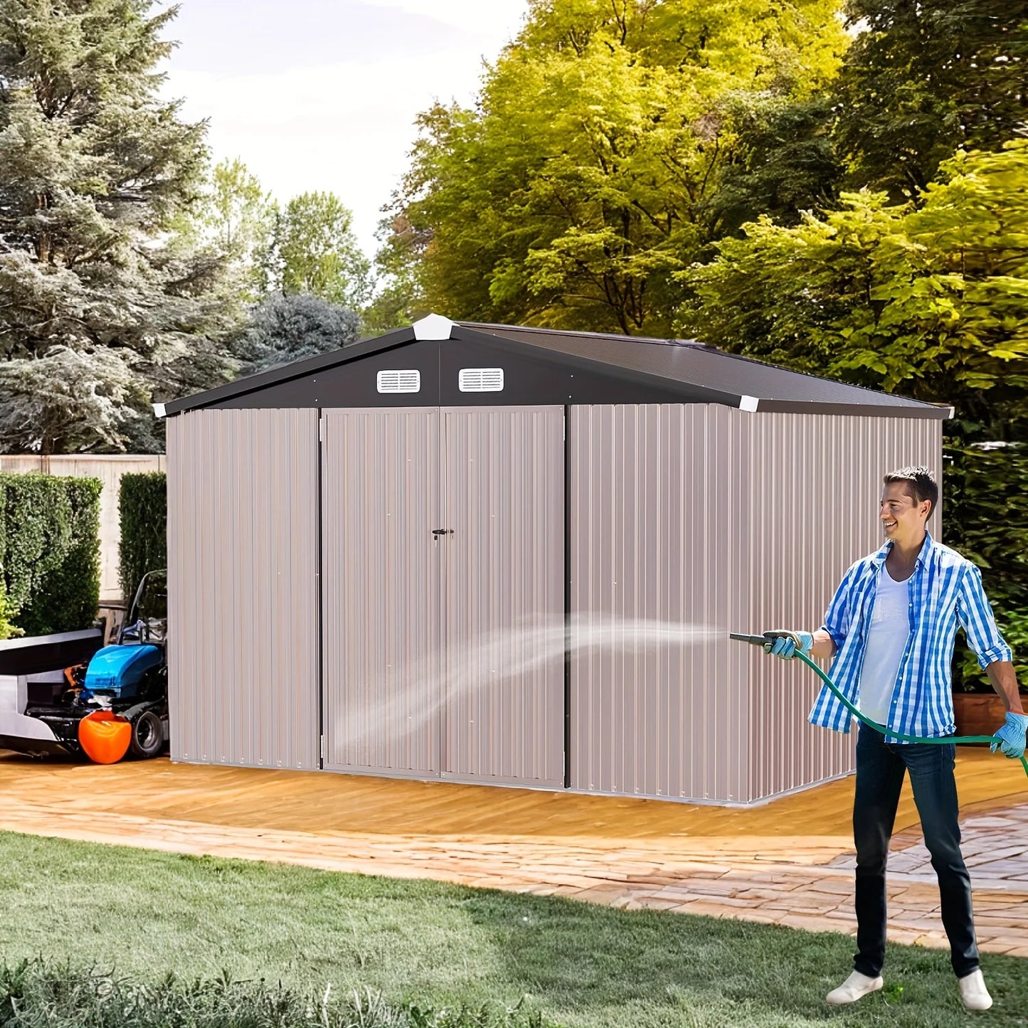 10x8 Ft Metal Outdoor Storage Shed with Air Vent and Lockable Door Waterproof Steel Garden Tool Storage Shed Kit