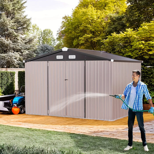 10x8 Ft Metal Outdoor Storage Shed with Air Vent and Lockable Door Waterproof Steel Garden Tool Storage Shed Kit