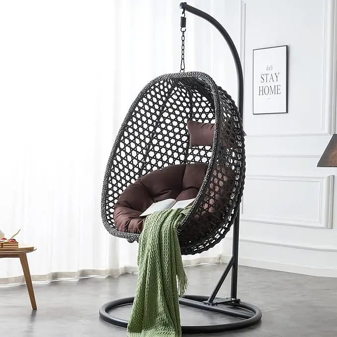 Standing vine hanging egg swing chair, foldable basket indoor or outdoor, cushion and pillow relaxation swing chair