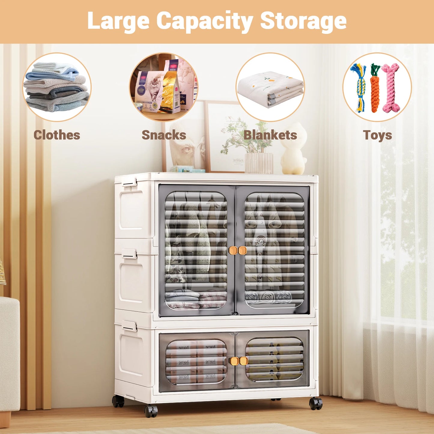 Foldable Multi-layer Plastic Storage Box with Wheels,Clothing Storage Cabinet,Folding Storage Cabinet Small Wardrobe Storage Box