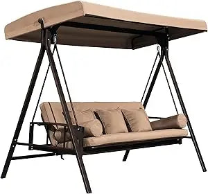 Outdoor Patio Porch Swing Adjustable Backrest, 3-seat Swing Chair with Weather Resistant Steel Frame for Backyard Front Porch L