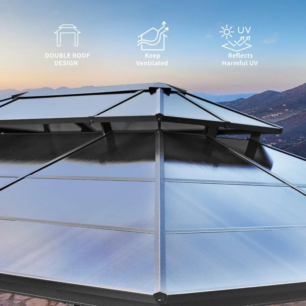 10'x13' Hardtop Gazebo, Outdoor Polycarbonate Double Roof Canopy, Aluminum Frame Permanent Pavilion with Curtains and Netting,