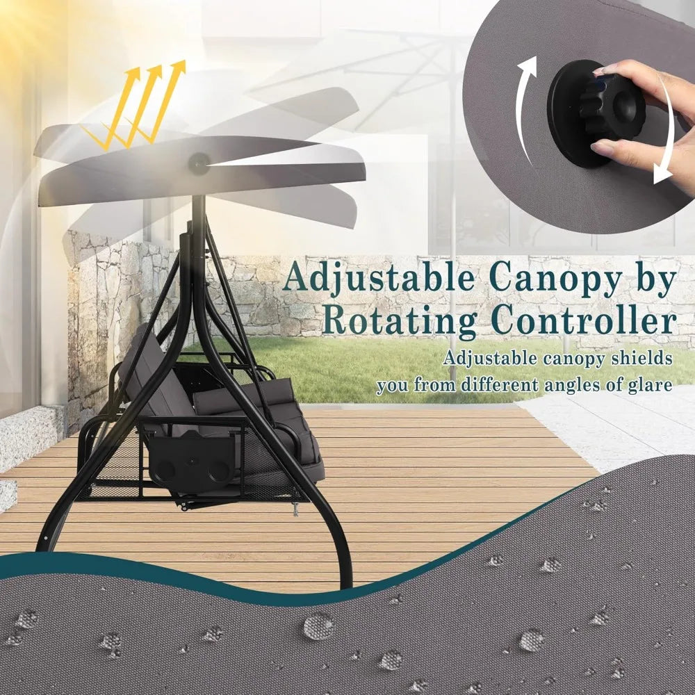 3-Seat Outdoor Patio Swings with Canopy Adjustable Porch Swing with Stand, Upgrade Pillows Cushions and Foldable Side Tray for