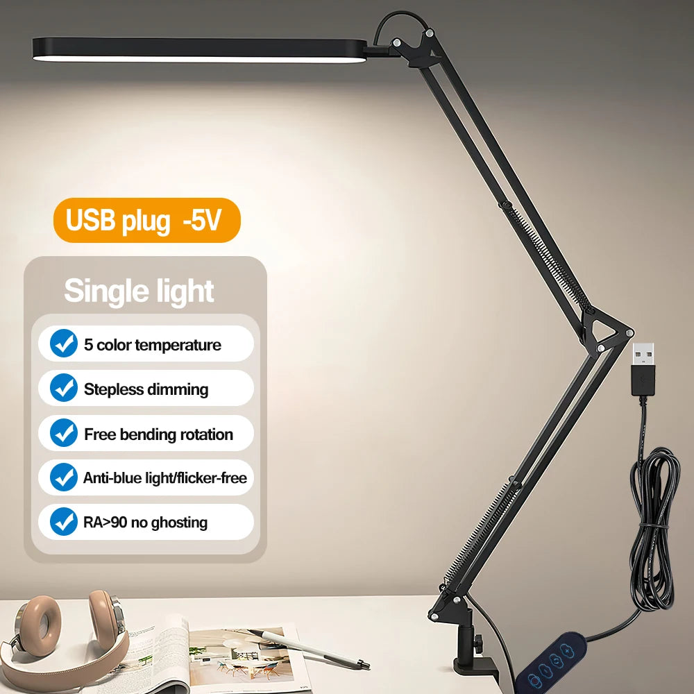 LED Desk Lamp Swing Arm Desk Light with Clamp 3 Lighting 10 Brightness Table Lamp Eye-Caring Reading Desk Lamps for Home Office