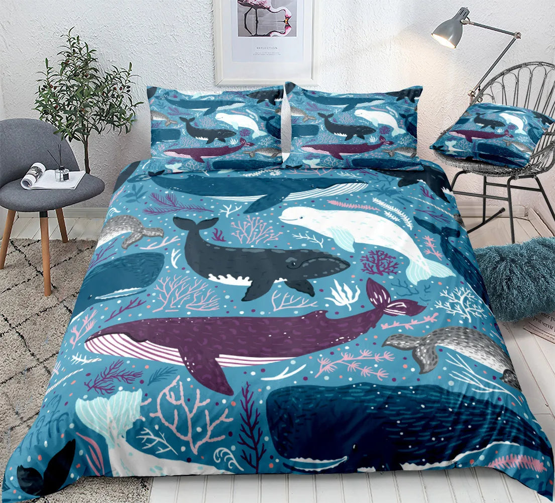 Ocean Duvet Cover Set Blue Whale Bedding Set Sea Animal Bed Linen Striped Beds Set Kids Teens Home Textile Microfiber Bedclothes