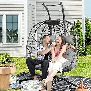 Double Egg Chair Outdoor Indoor, Oversized 2 Person Swing with Stand, All-Weather Wicker Hanging Loveseat, 700 LBS Heavy Duty P