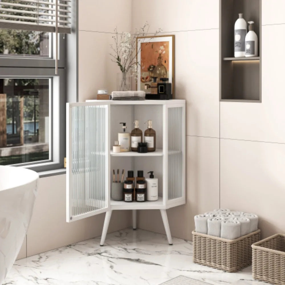 22.25 " Floor Coner Cabinet with Tempered Glass Door & Storage Shelves for Bathroom, Living Room, Bedroom (White)